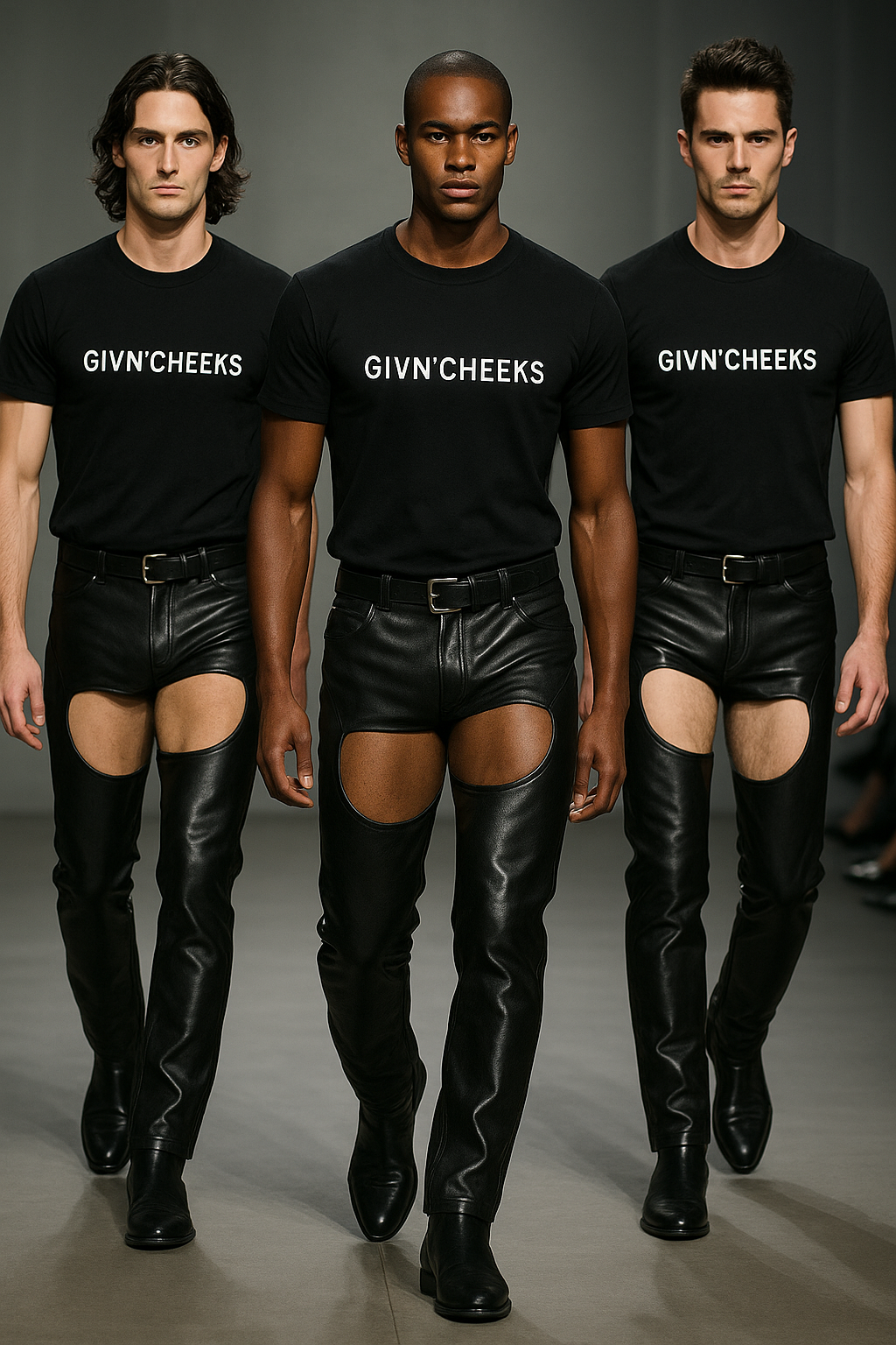 Three male models wearing GIVN’CHEEKS FASHION TEE with stylish cutout leather pants on the runway