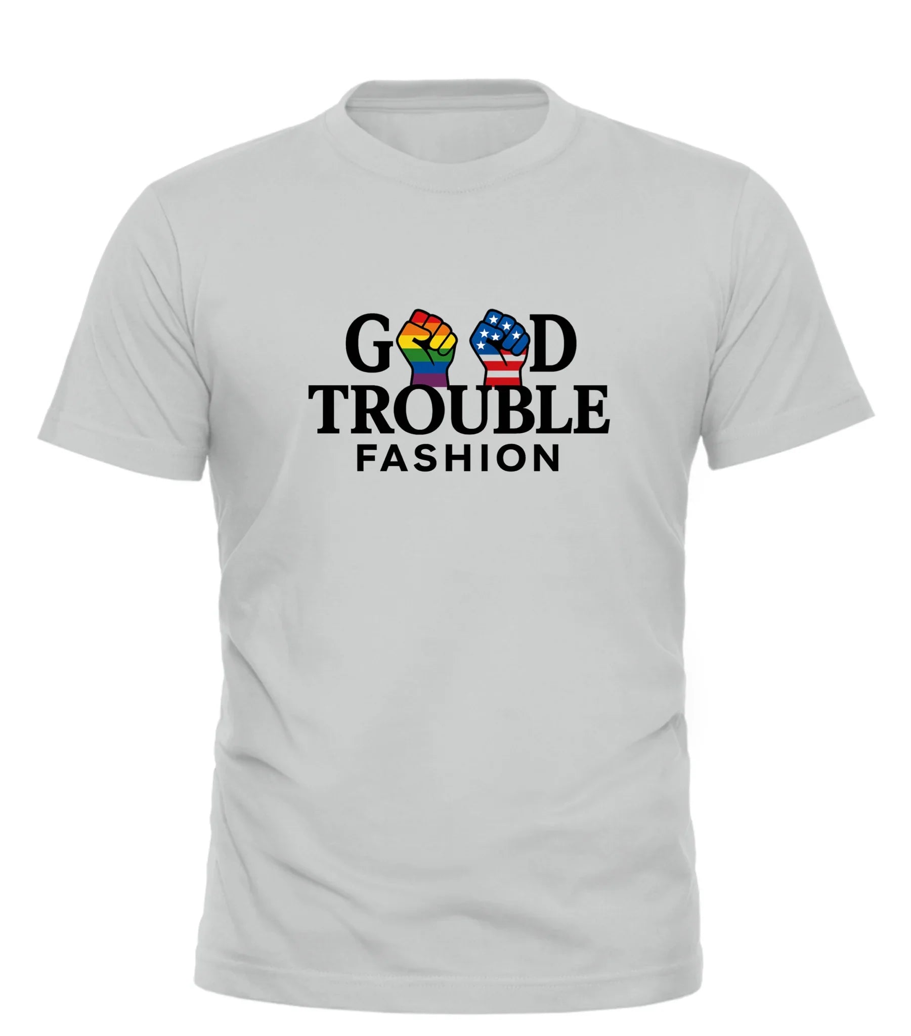 Good Trouble Garments white good fight signature shirt with colorful fist graphic and bold text