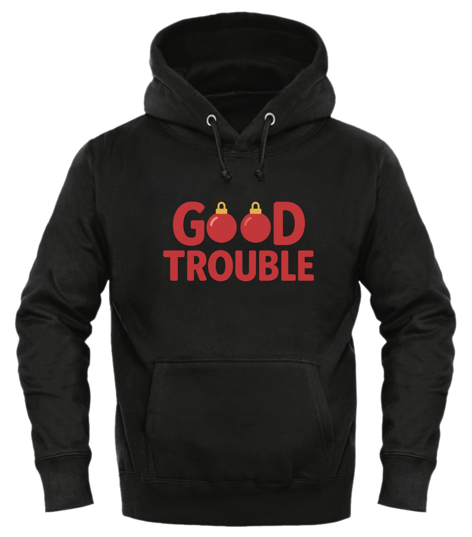 Good Trouble bulbs hoodie in black featuring red holiday-themed graphics for a festive look