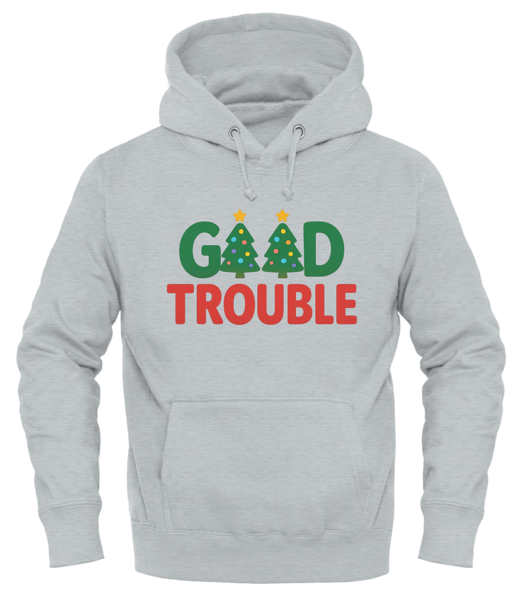 Grey Good Trouble Christmas sweatshirt featuring festive trees and bold lettering for holiday cheer