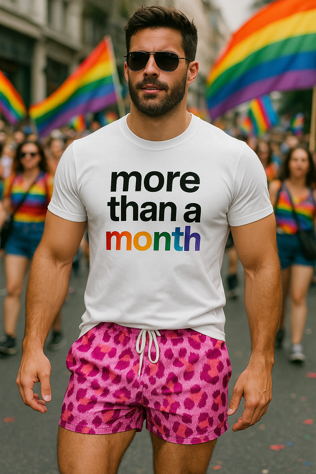 More Than a Month Pride t-shirt – unisex graphic cotton T-shirt from Good Trouble Fashion – soft jersey tee product photo