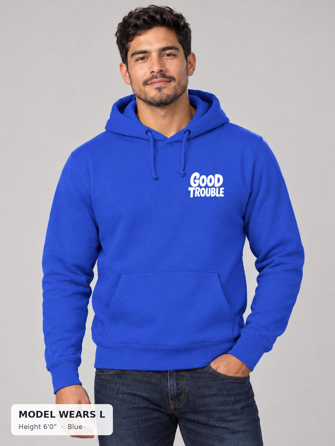 Good Trouble Chest Logo Hoodie in Blue on an athletic model wearing size L, 6'0" - Good Trouble Fashion