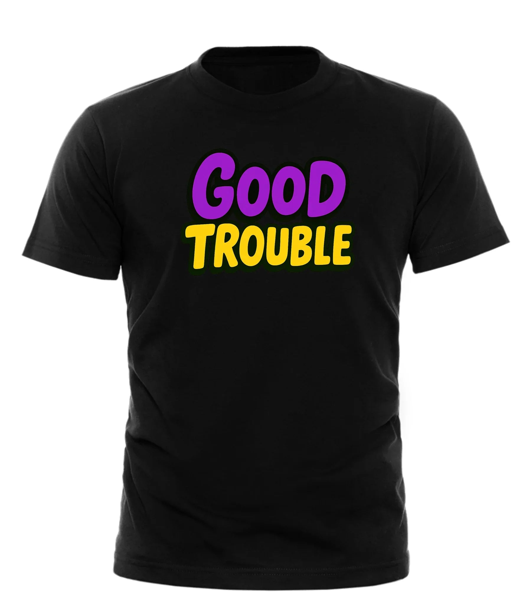 Black good trouble t-shirt with colorful purple and yellow text graphic on front
