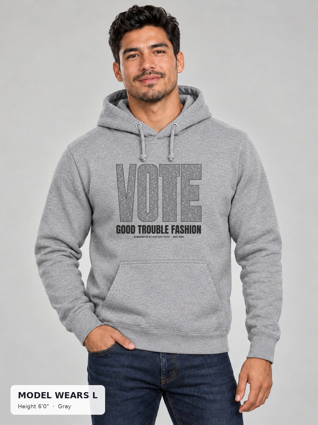 VOTE Memorial Names Hoodie in Gray on an athletic model wearing size L, 6'0" - Good Trouble Fashion