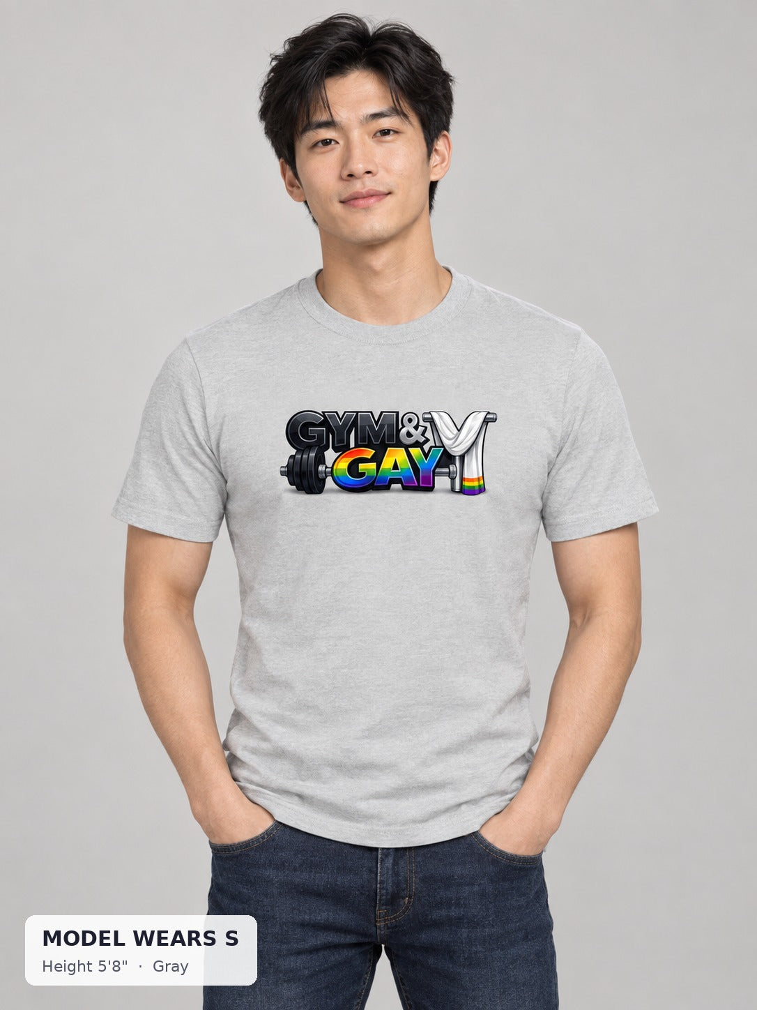 Gym & Gay Workout Tee in Gray on a slim model wearing size S, 5'8" - Good Trouble Fashion