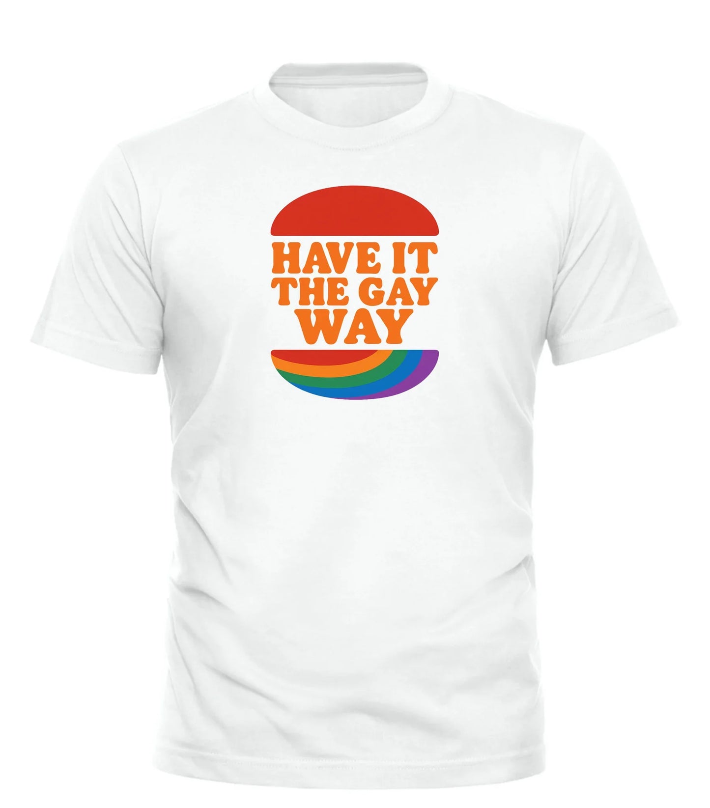 White Good Trouble Garments t-shirt with have it the gay way shirt text and rainbow graphic