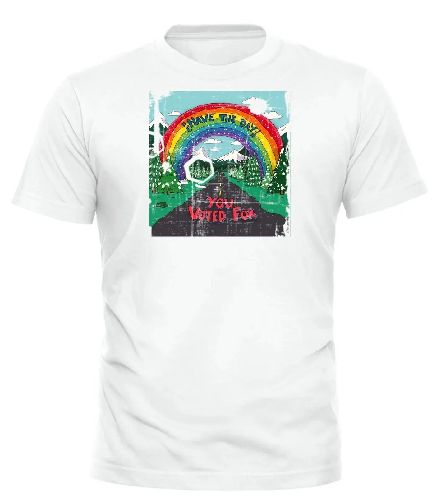 White Good Trouble Garments shirt with colorful Have the day you voted for shirt graphic and rainbow design