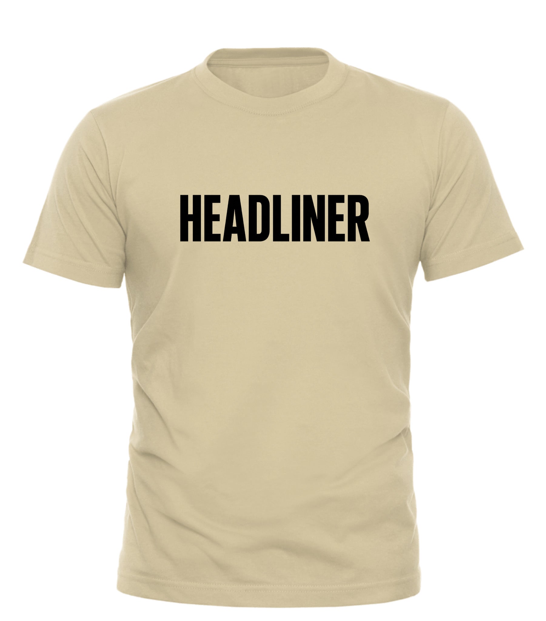 Good Trouble Garments beige headliner graphic tee with bold black HEADLINER text on front