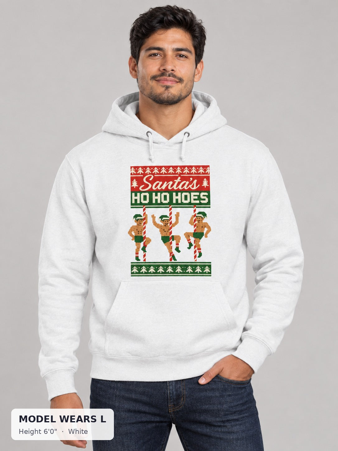 Ho Ho Hoes Holiday Sweatshirt in White on an athletic model wearing size L, 6'0" - Good Trouble Fashion