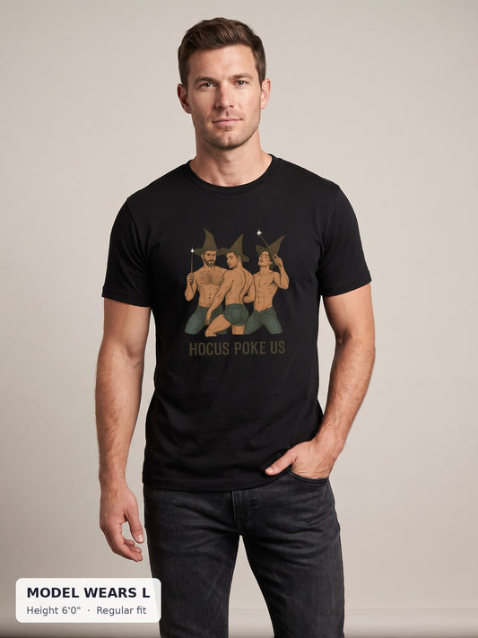 Hocus Poke Us Tee on an athletic model wearing size L, 6'0" - Good Trouble Fashion