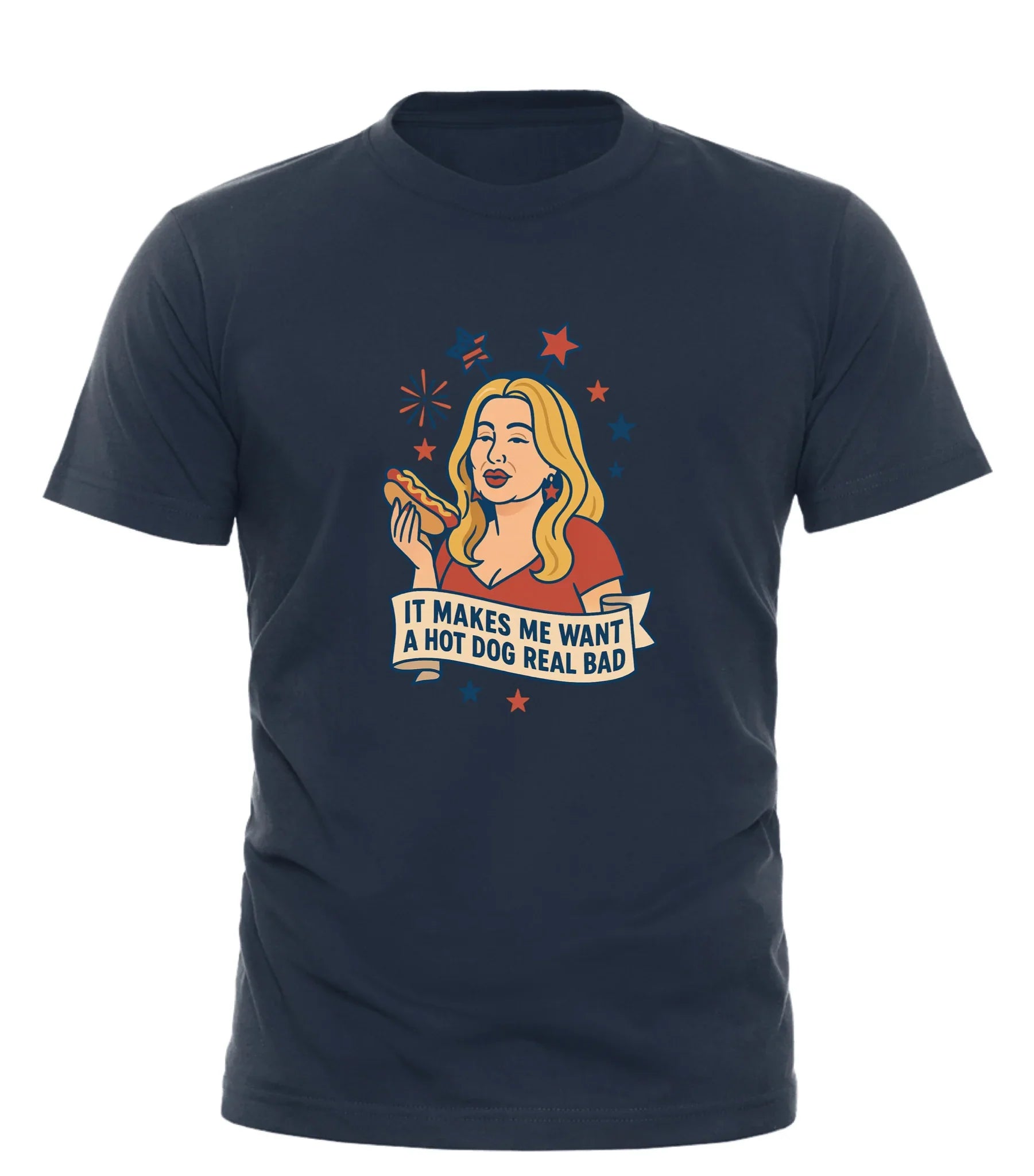 Good Trouble Garments navy t-shirt featuring a woman and the phrase hot dog real bad