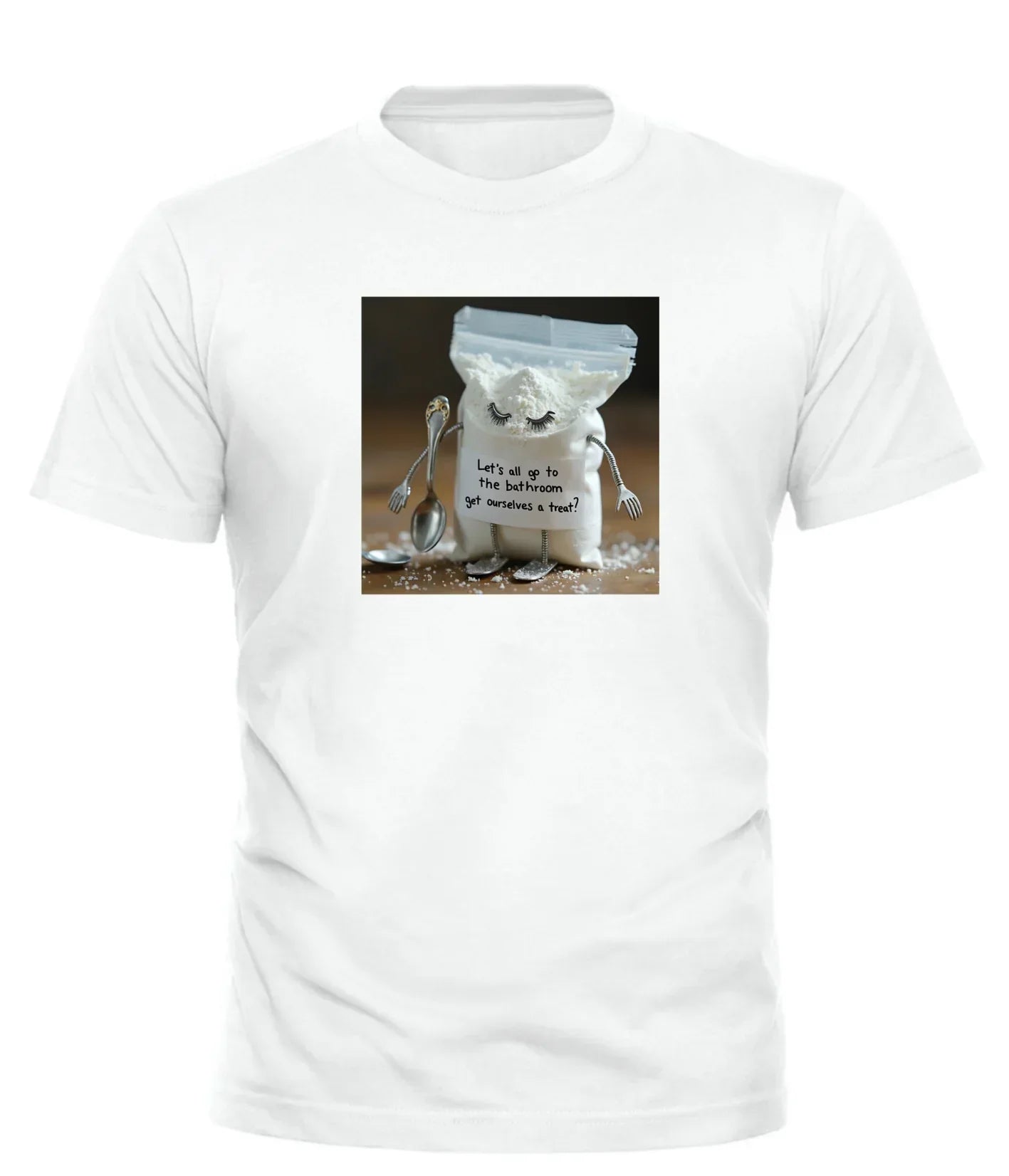 Good Trouble Garments white tee with humorous gift tee for adults featuring funny sugar bag and spoon design