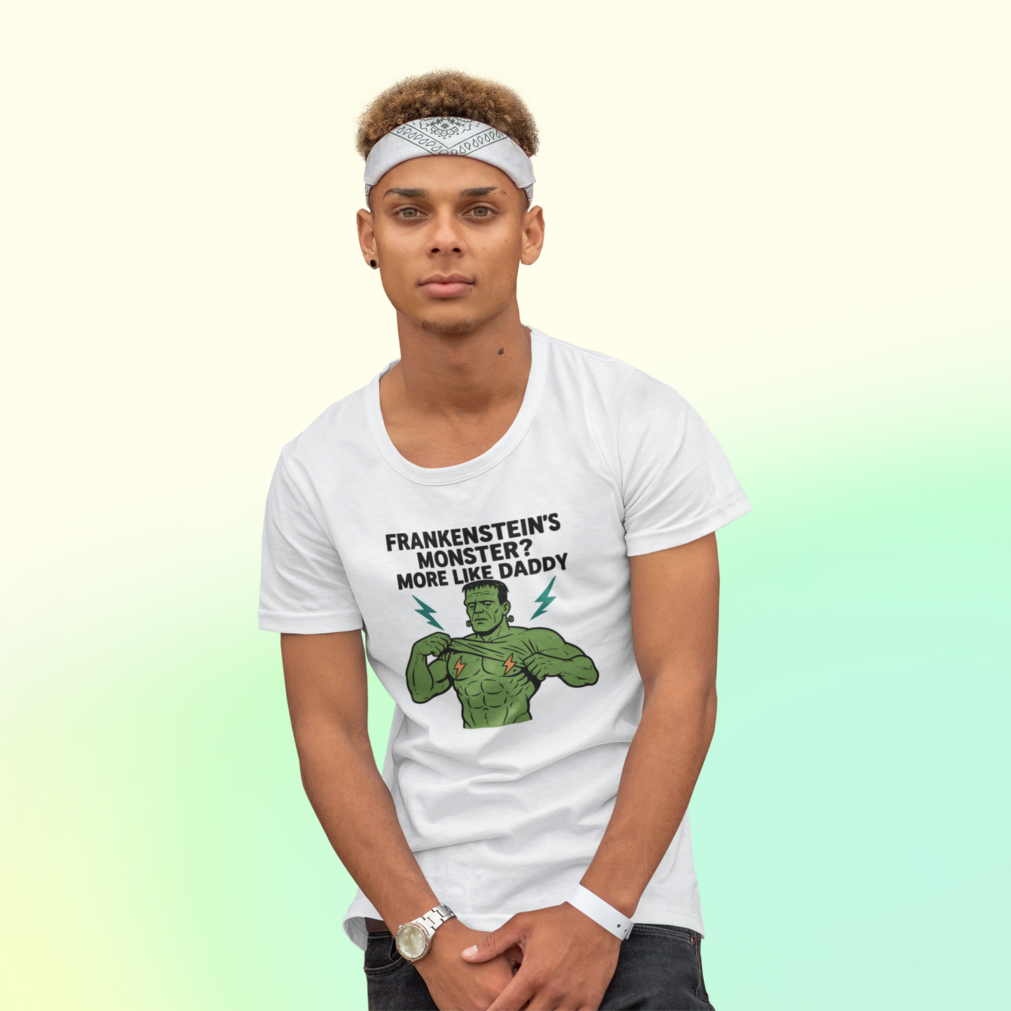 Humorous monster tee for men featuring a funny Frankenstein graphic from Good Trouble Garments