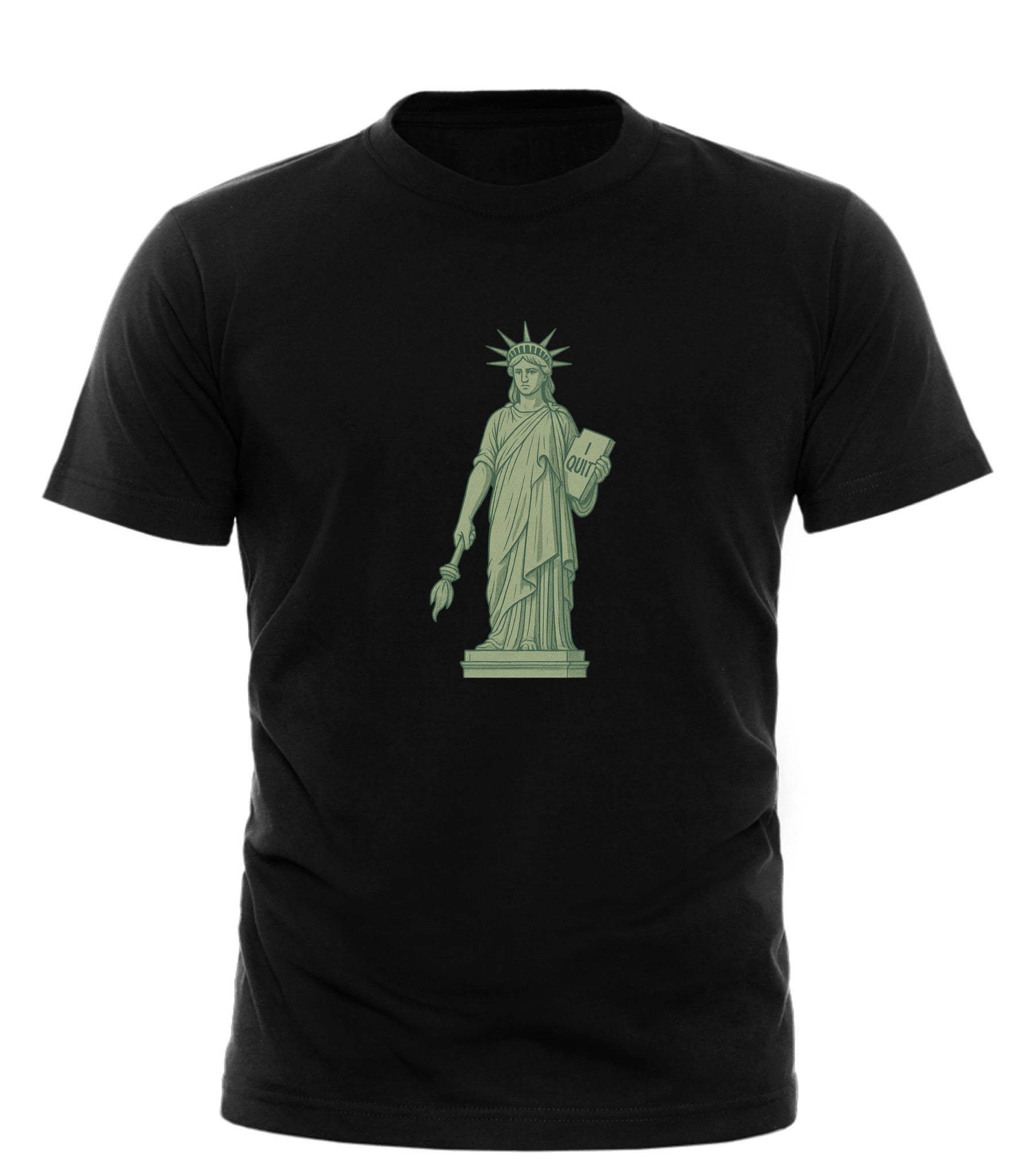 Black Good Trouble Garments t-shirt with a humorous Statue of Liberty shirt design in green print