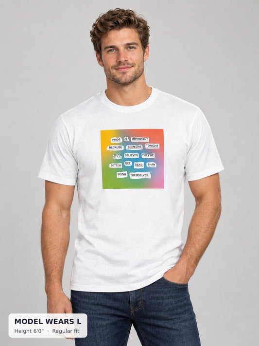 Pride Is Important Tee on an athletic model wearing size L, 6'0" - Good Trouble Fashion