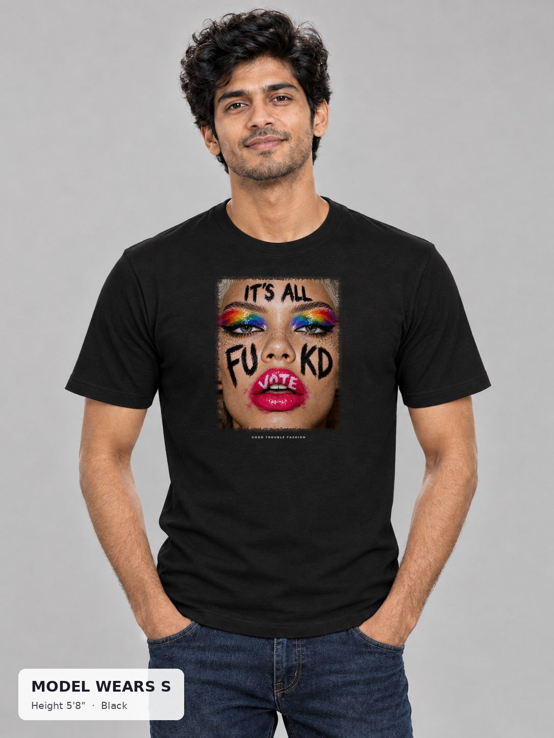 It's All Fukd VOTE Pride Tee in Black on a slim model wearing size S, 5'8" - Good Trouble Fashion