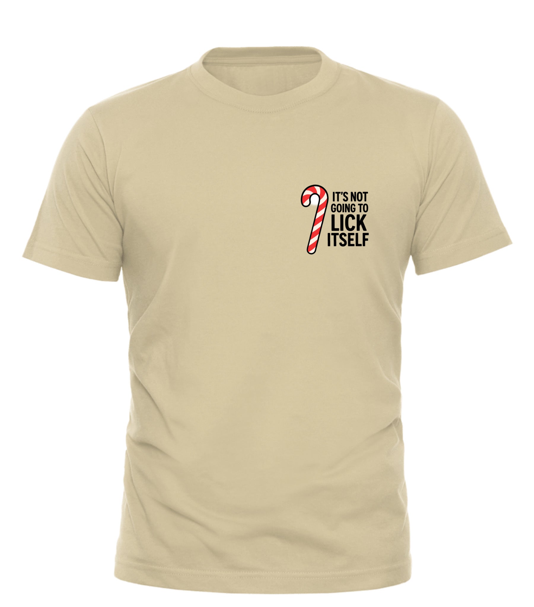 Light beige shirt featuring a candy cane graphic and the phrase it's not going to lick itself