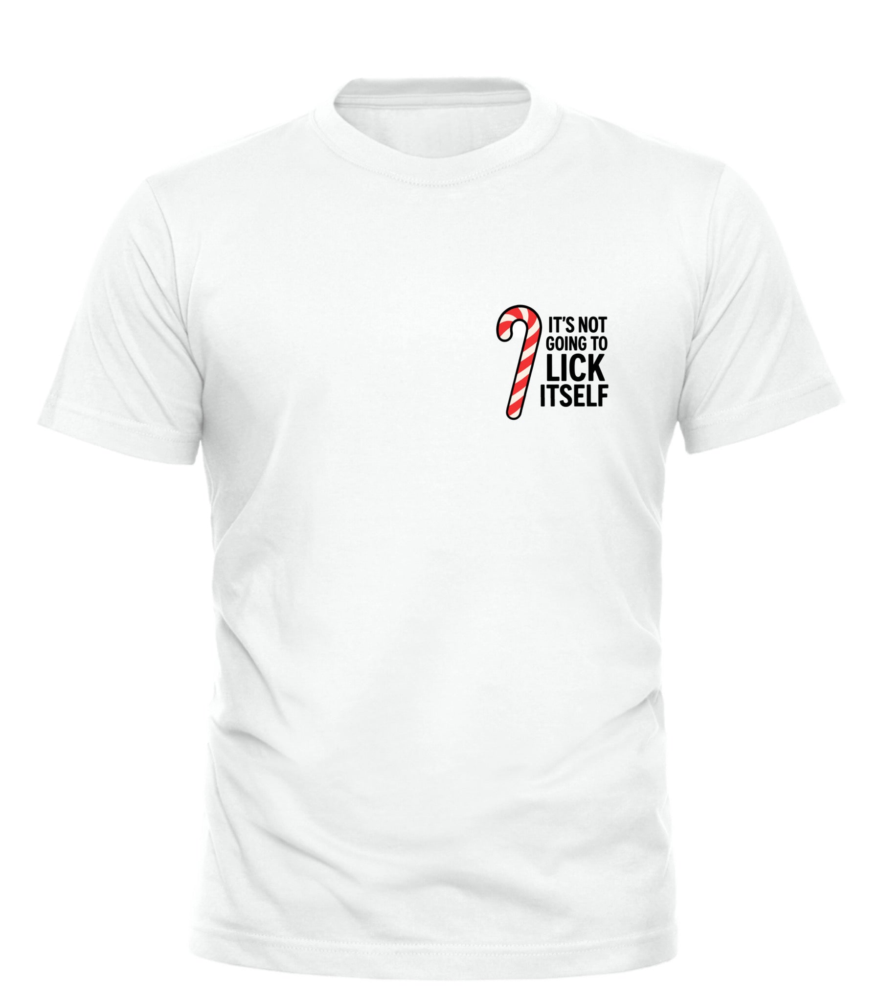 White t-shirt featuring a candy cane design with text it's not going to lick itself for a fun holiday statement