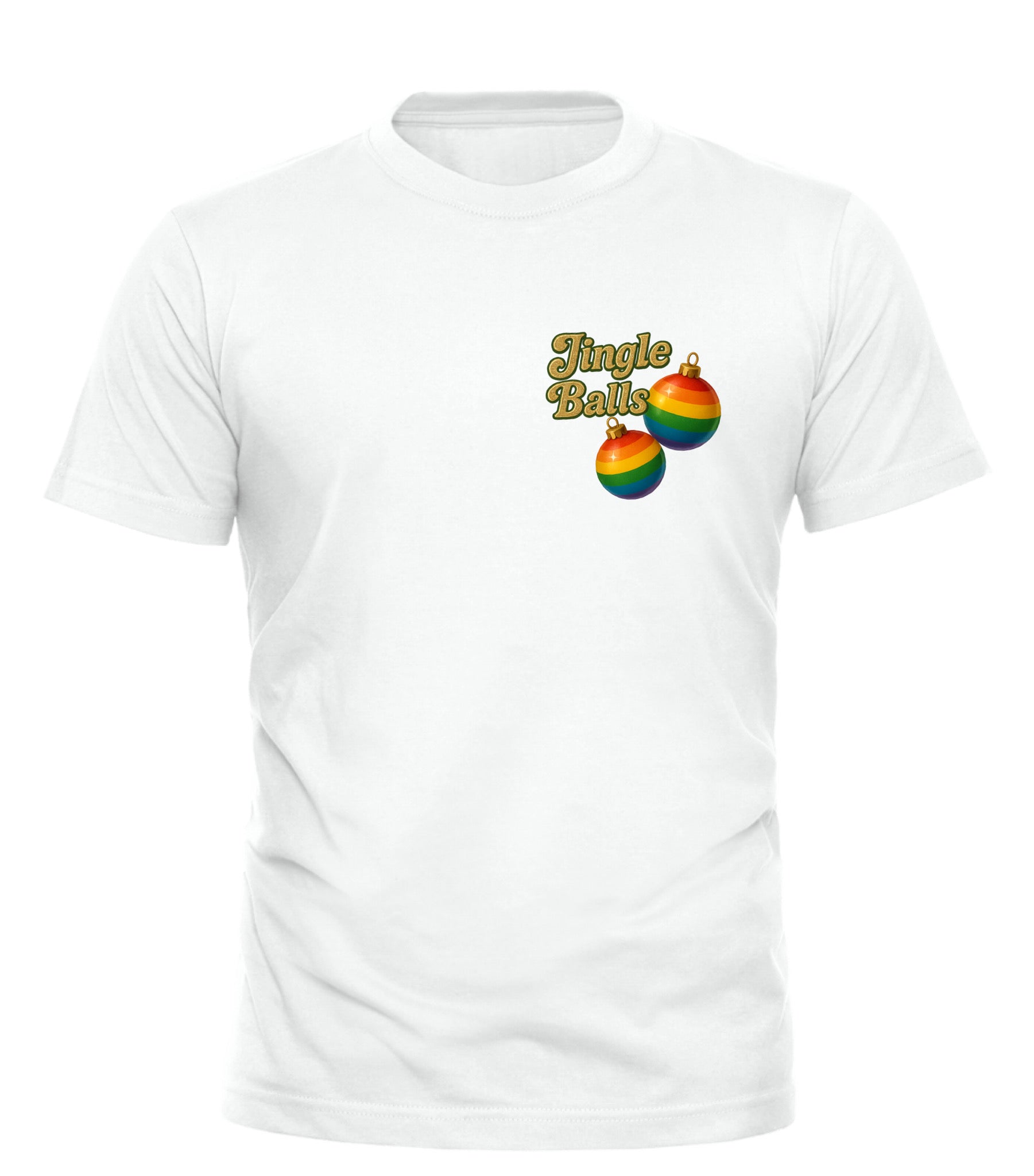 Good Trouble Garments Jingle Balls Christmas tee in white with colorful ornament graphics