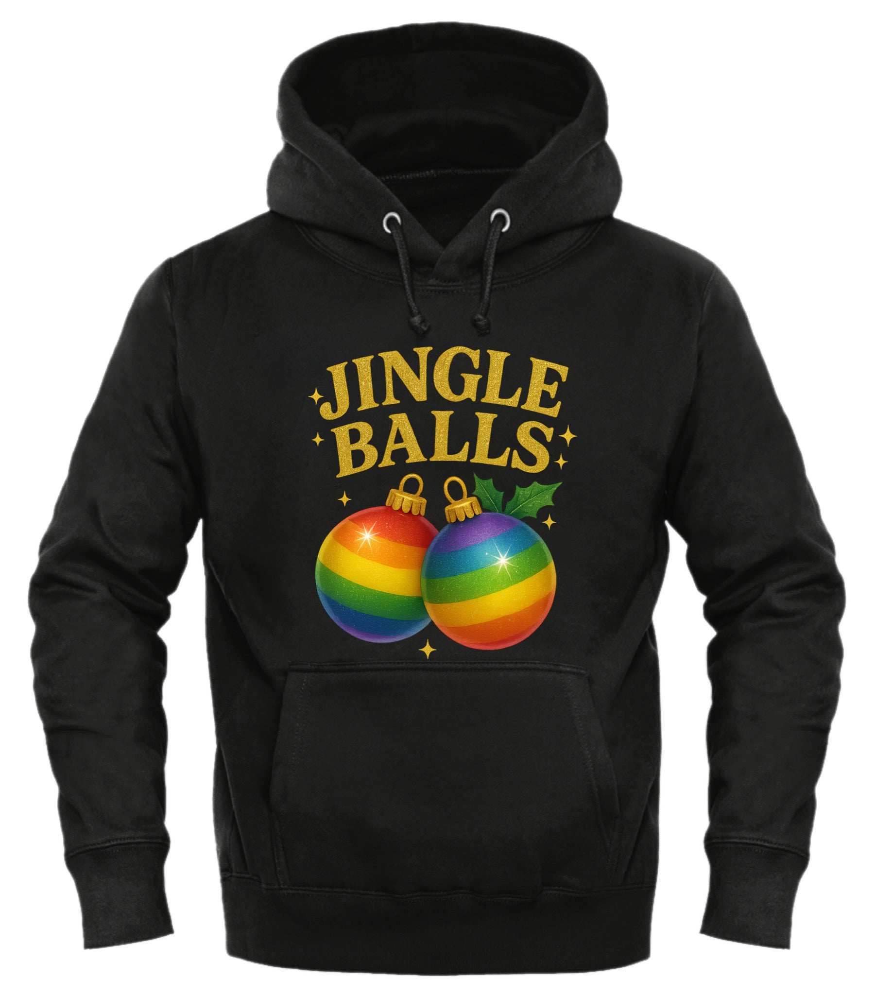 Good Trouble Fashion Jingle Balls holiday hoodie in black with festive rainbow ornaments design