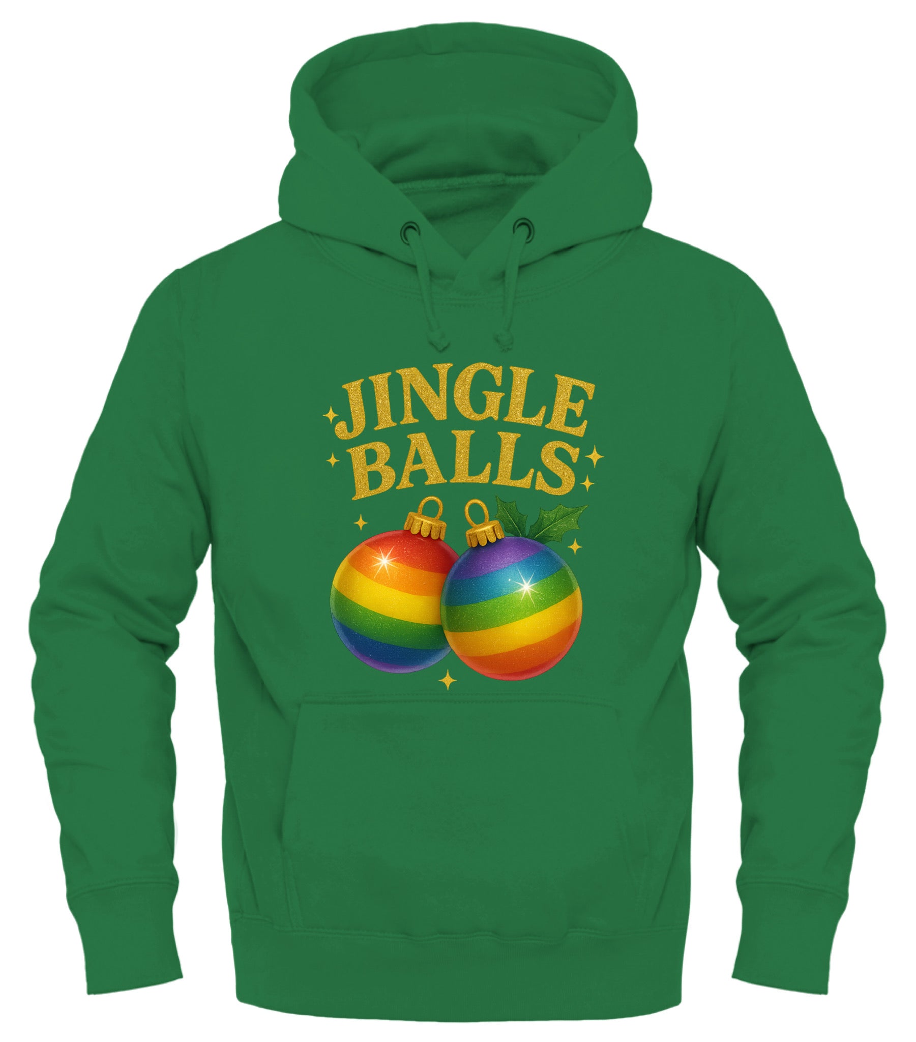 Green Jingle Balls holiday hoodie featuring festive rainbow ornament graphics