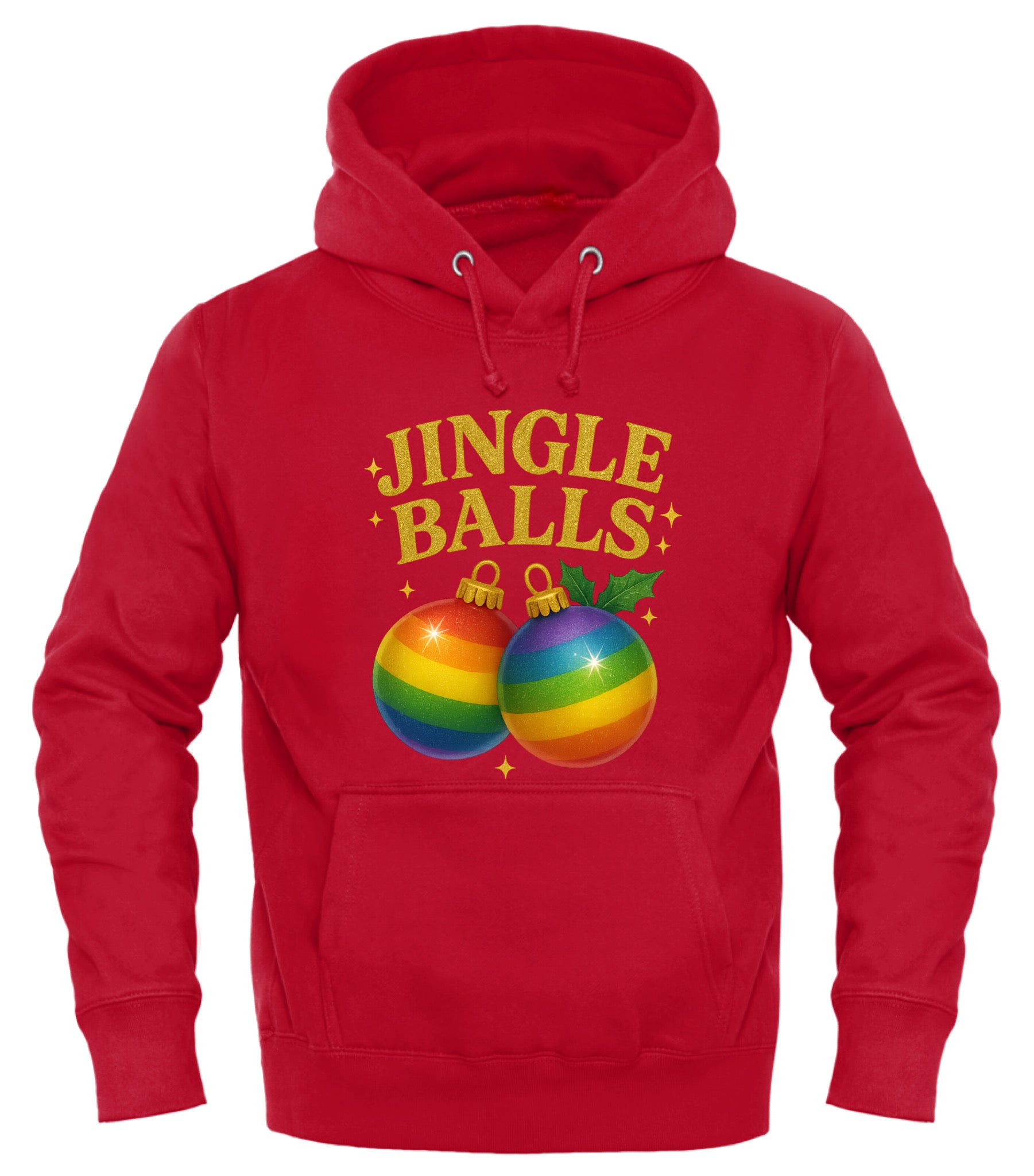 Red holiday hoodie featuring Jingle Balls design with colorful ornaments for festive celebrations