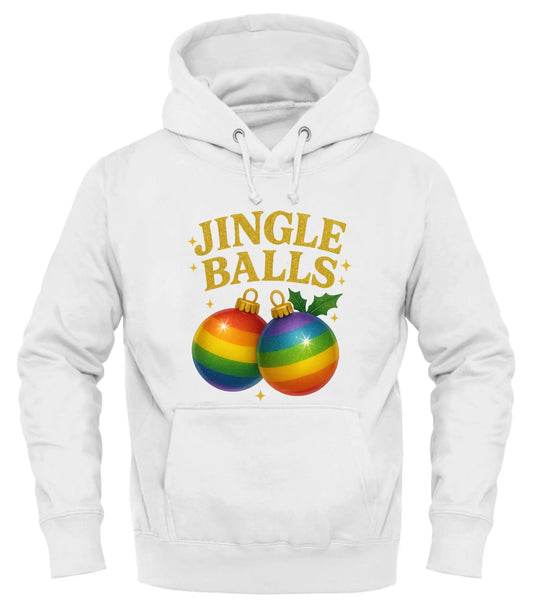 White Jingle Balls holiday hoodie with colorful ornament graphic for festive style