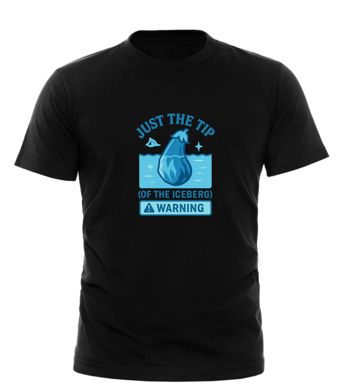 Black Just the tip iceberg shirt with blue graphic and warning text by Good Trouble Garments