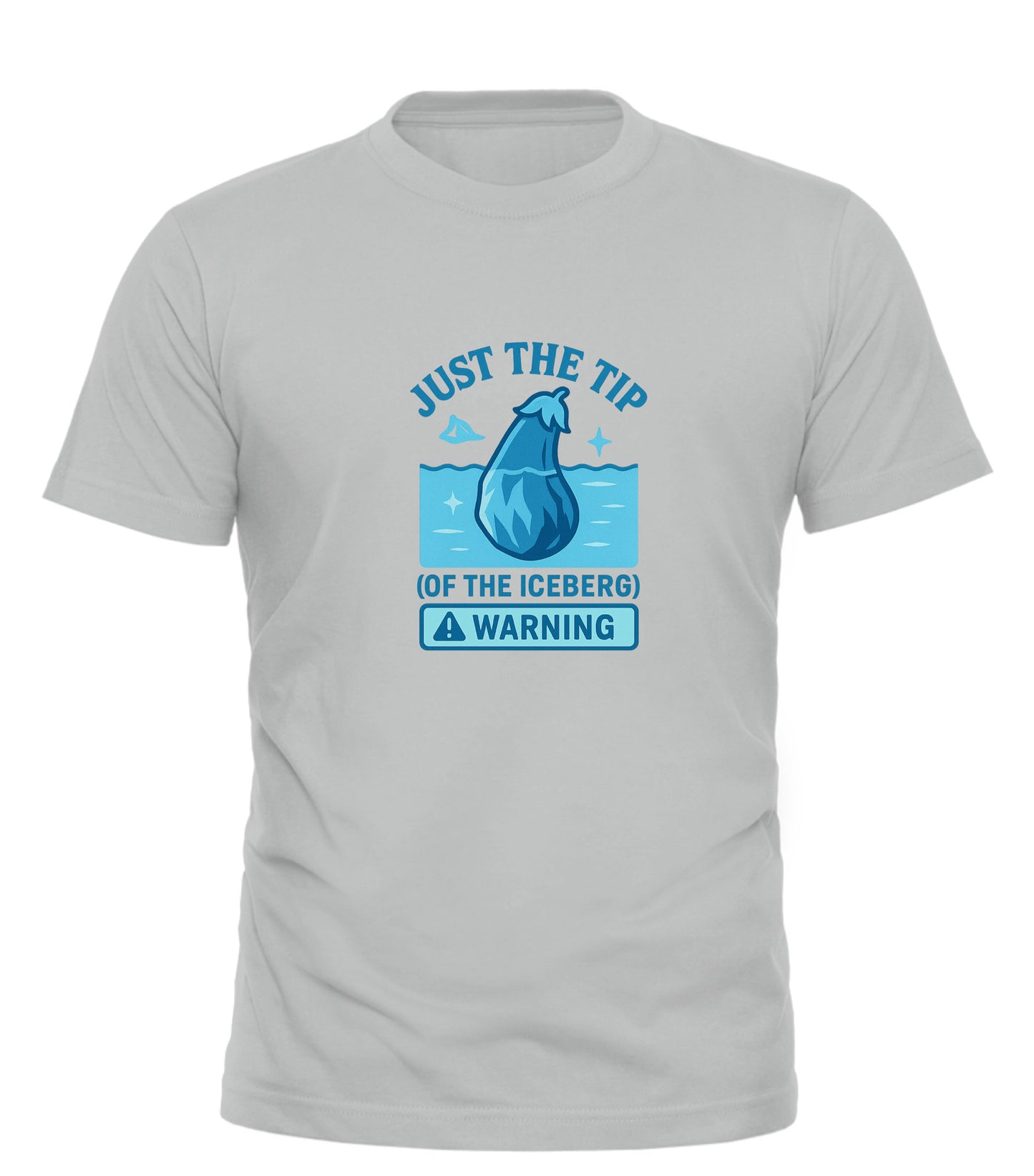 Good Trouble Garments gray t-shirt with blue just the tip iceberg shirt graphic and warning text