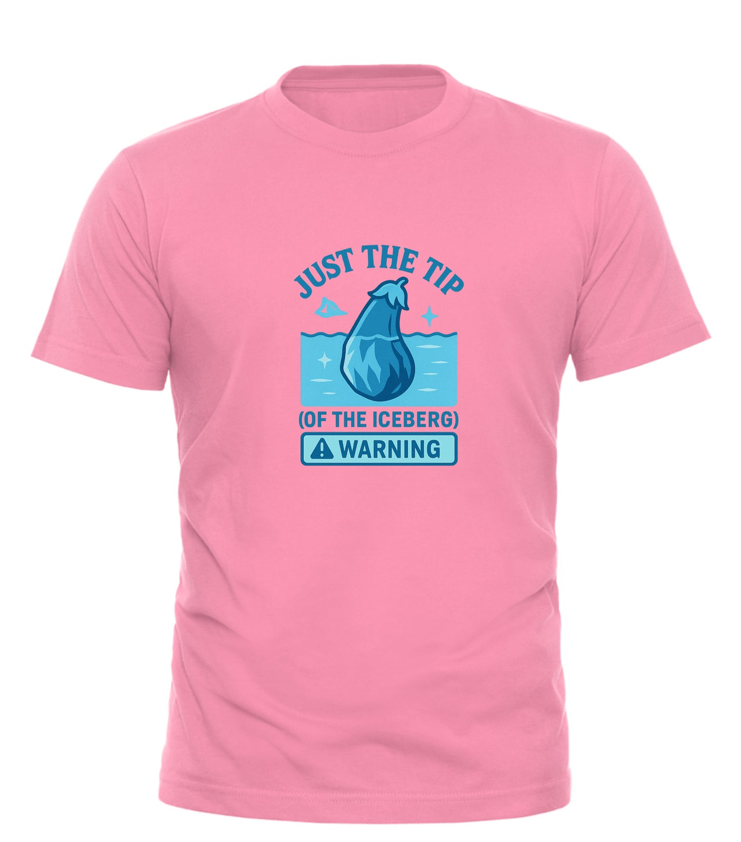 Good Trouble Garments pink just the tip iceberg shirt with blue iceberg graphic and warning text