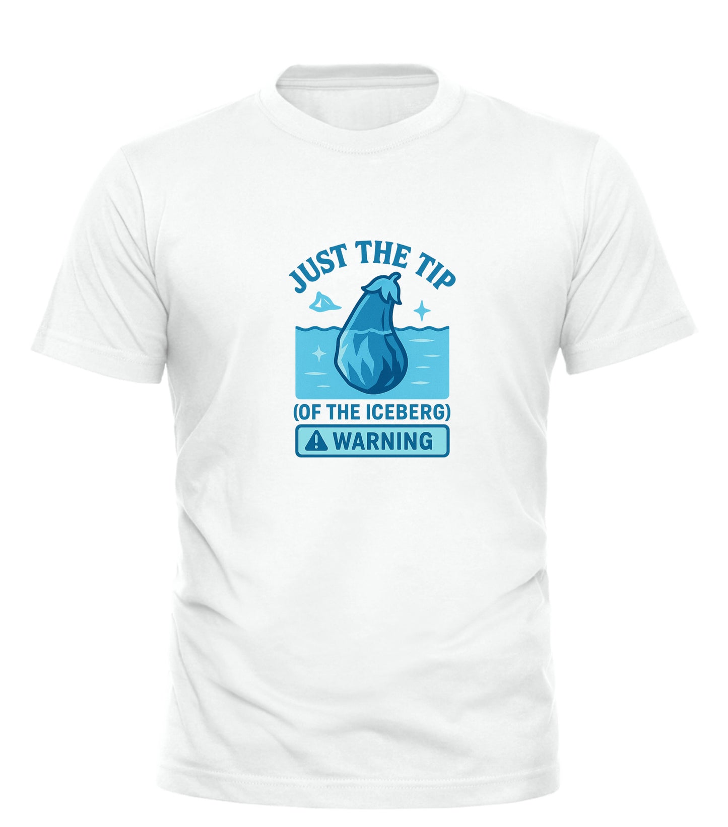 White Good Trouble Garments t-shirt with blue just the tip iceberg shirt graphic and warning text
