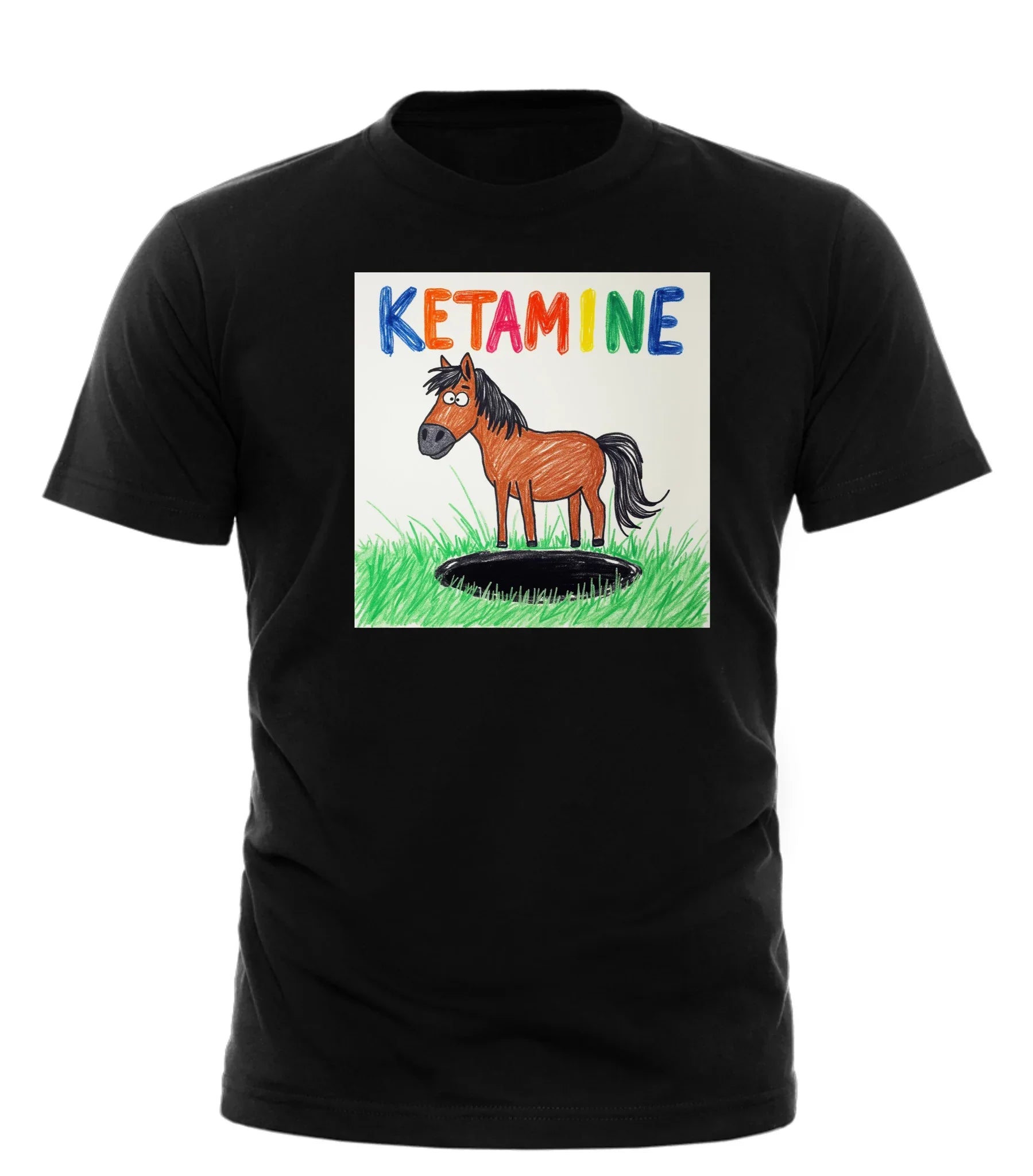 Good Trouble Garments black ketamine horse t-shirt with colorful text and cartoon horse graphic