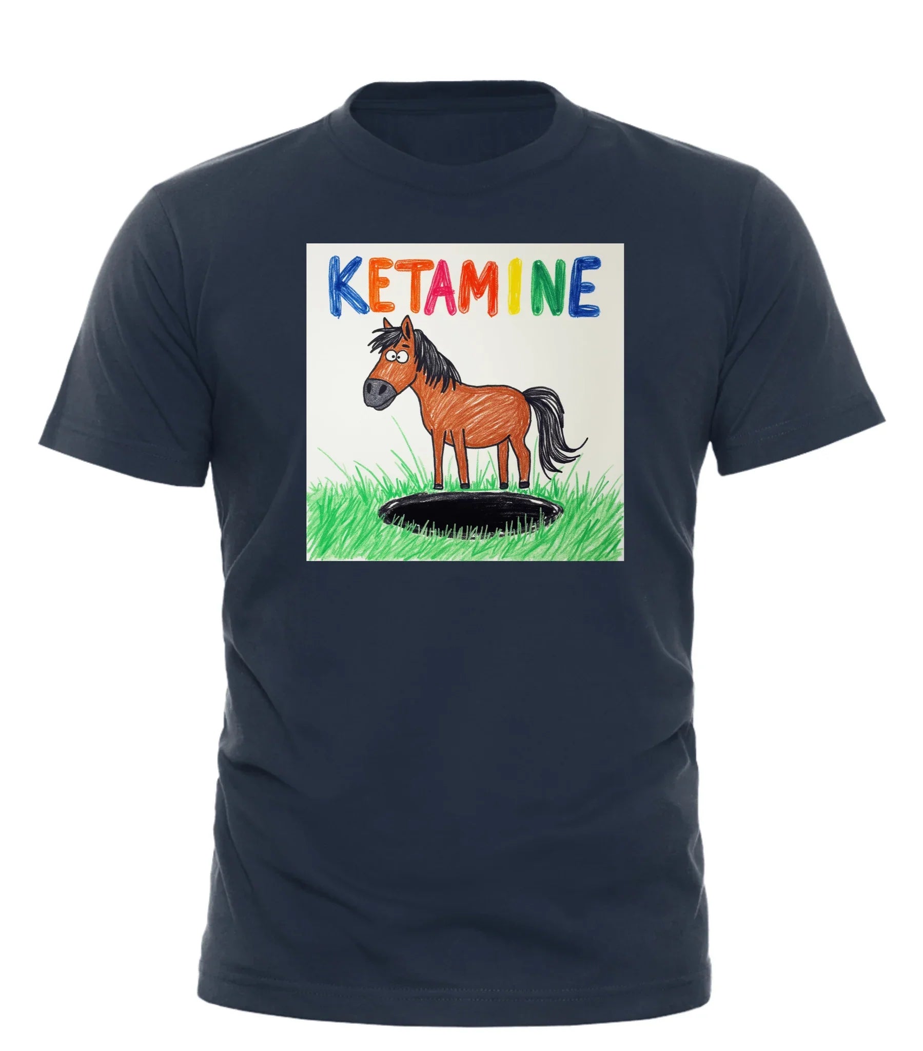 Good Trouble Garments navy ketamine horse t-shirt with colorful text and cartoon horse design