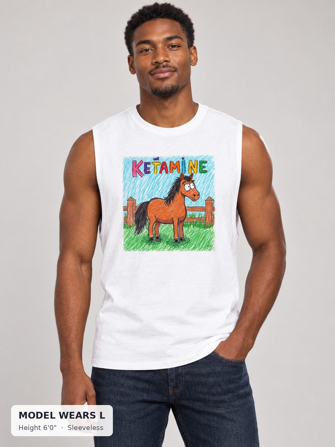 Ketamine Horse Tee on an athletic model wearing size L, 6'0" - Good Trouble Fashion