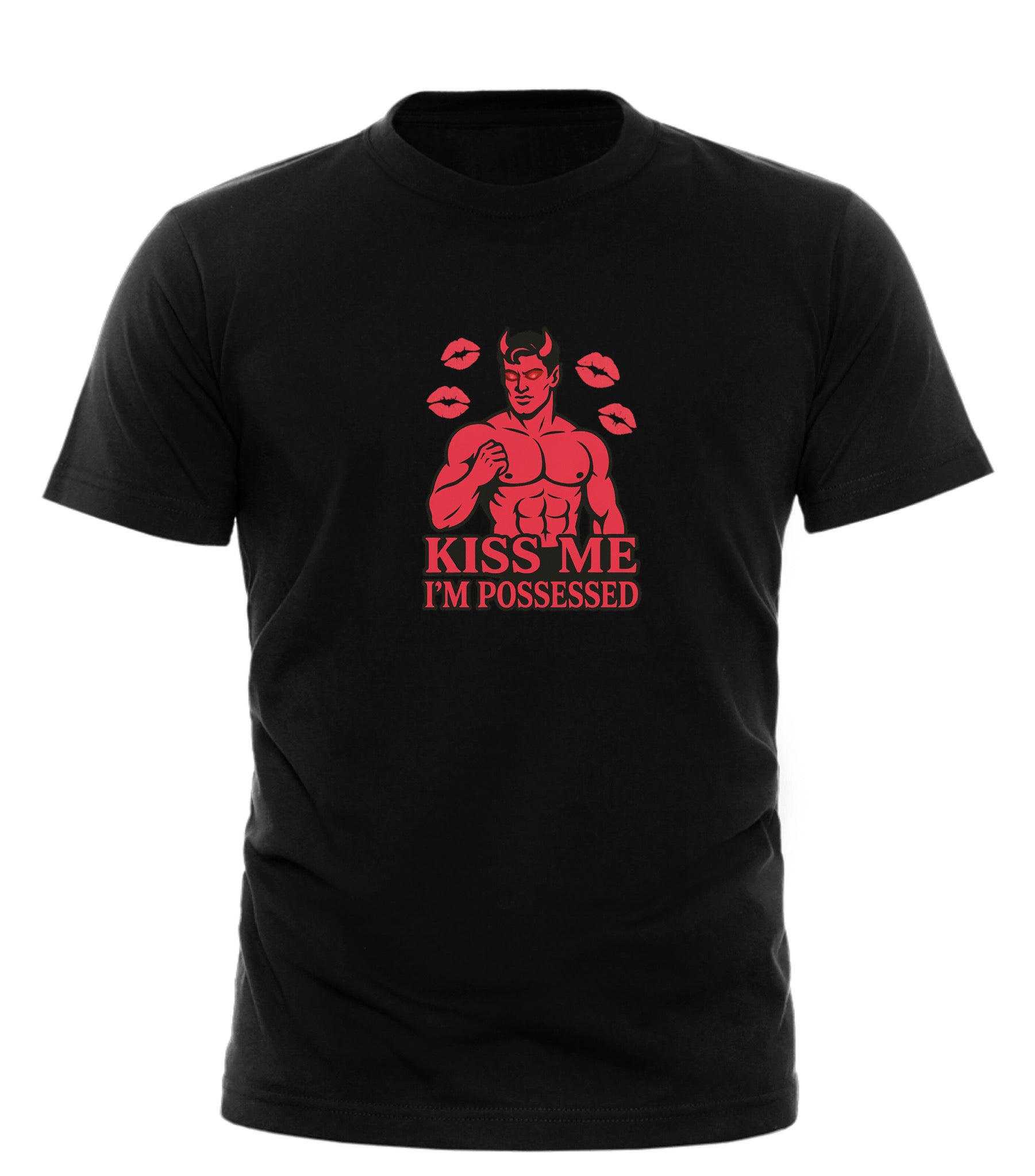 Good Trouble Garments black kiss me I’m possessed t-shirt with red devil graphic and lips design