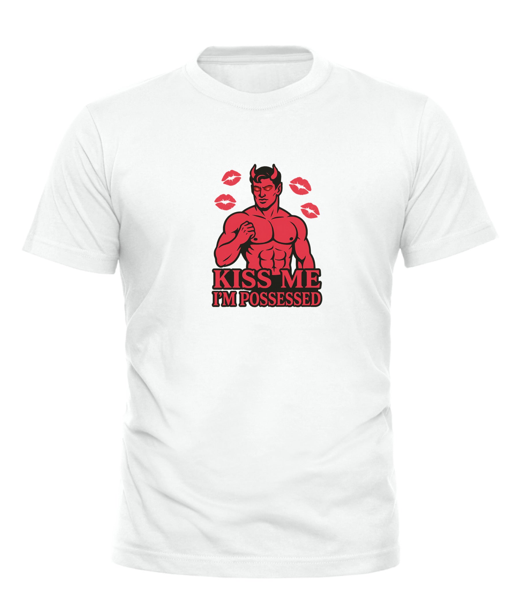 Good Trouble Garments white kiss me I’m possessed t-shirt with red devil graphic and kiss marks