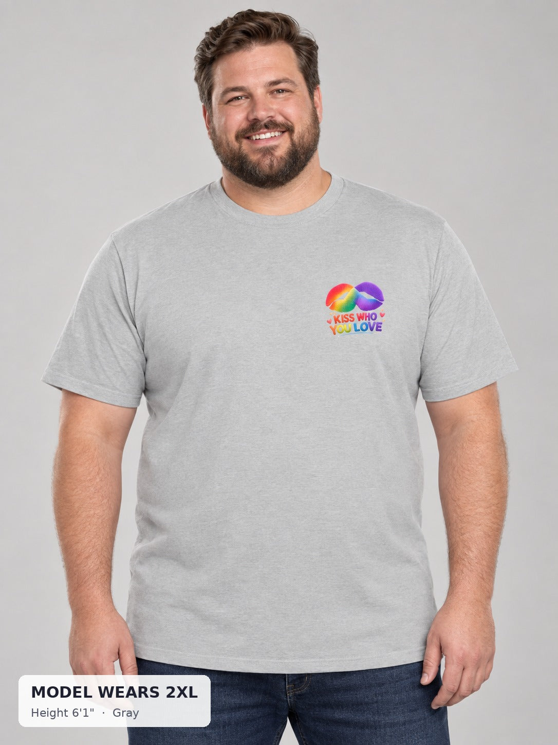 Kiss Who You Love Tee in Gray on a plus-size model wearing size 2XL, 6'1" - Good Trouble Fashion