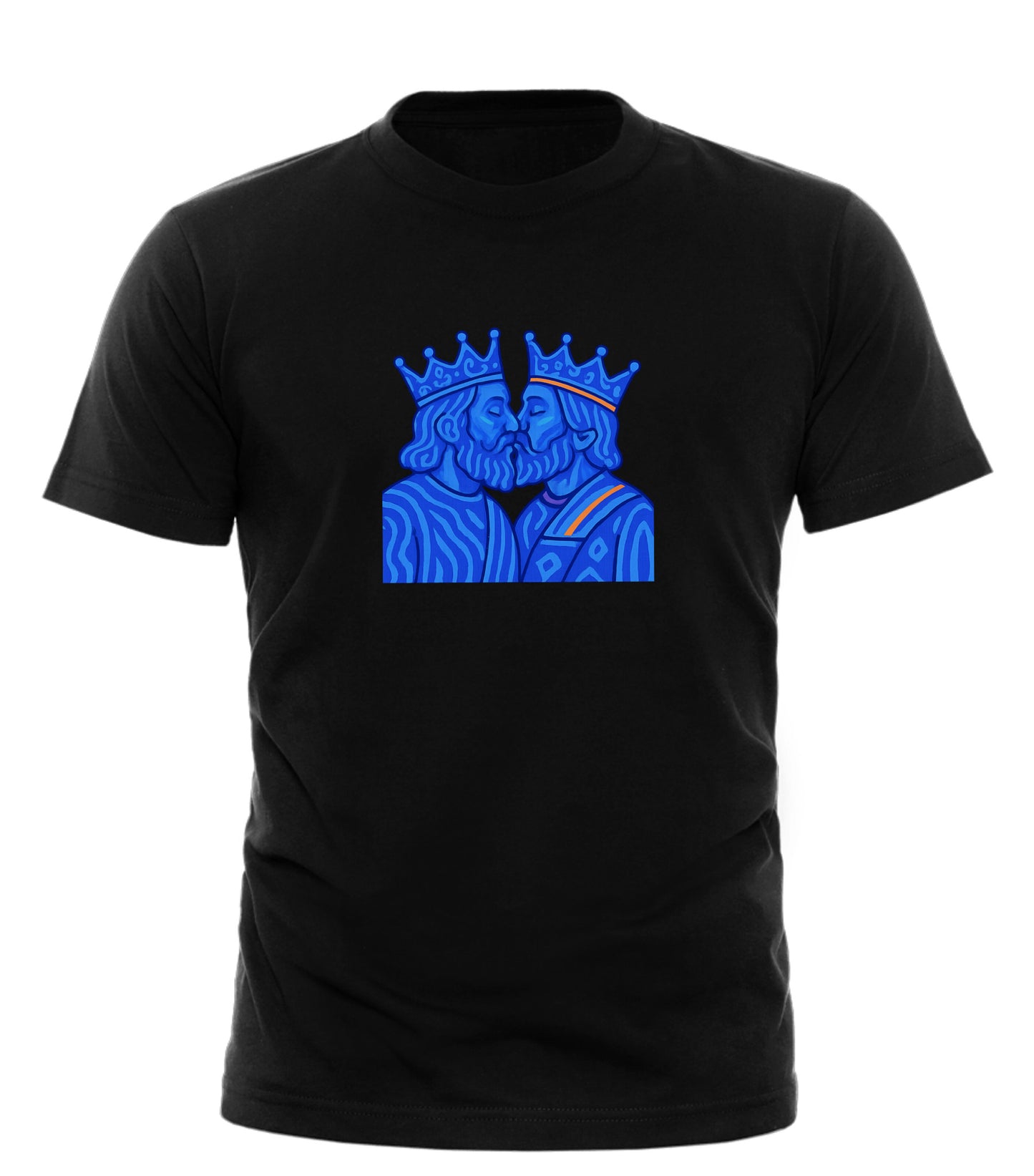 Black Good Trouble Garments t-shirt featuring kissing kings pride apparel blue graphic design