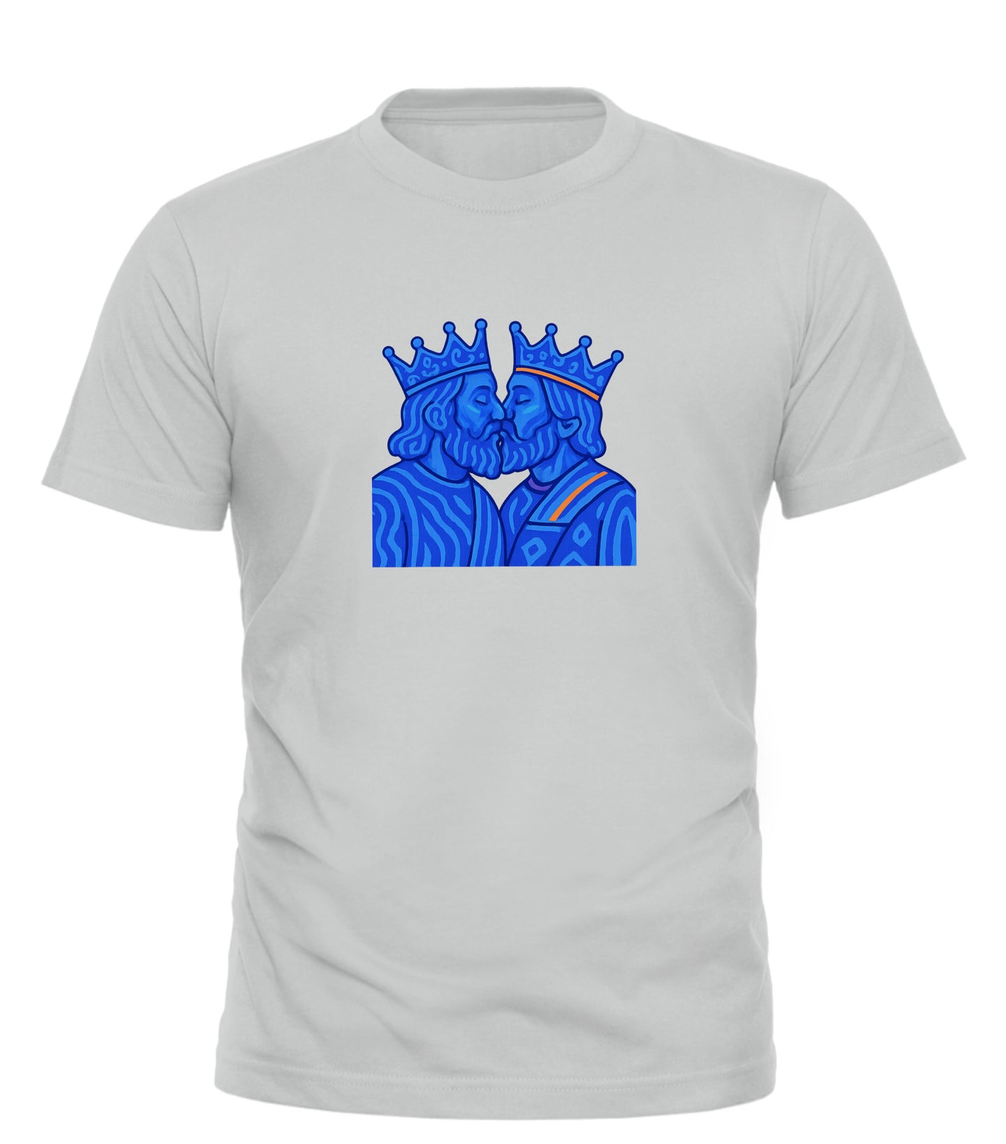 Good Trouble Garments white t-shirt featuring a blue kissing kings pride apparel graphic with two crowned men kissing