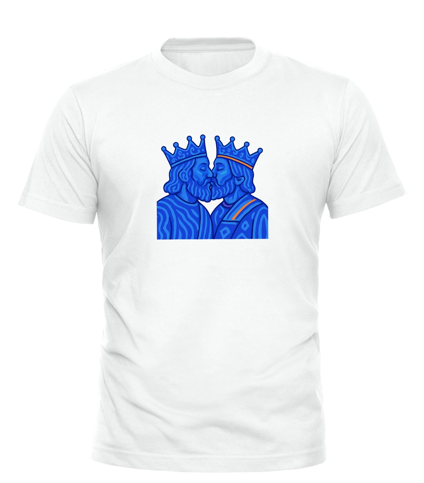 White t-shirt from Good Trouble Garments featuring kissing kings pride apparel design with two blue crowned kings