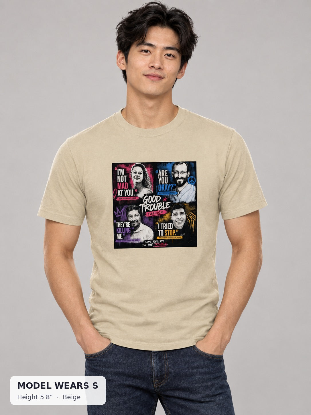 Last Words Tee in Beige on a slim model wearing size S, 5'8" - Good Trouble Fashion