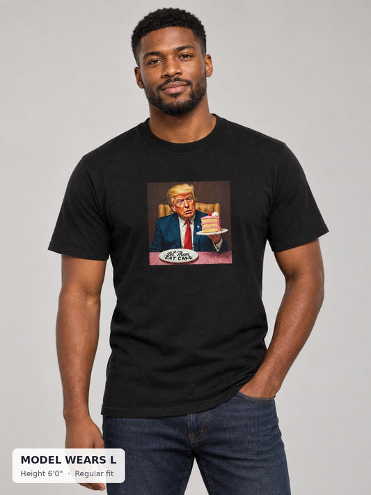 Let Them Eat Cake Trump Tee on an athletic model wearing size L, 6'0" - Good Trouble Fashion