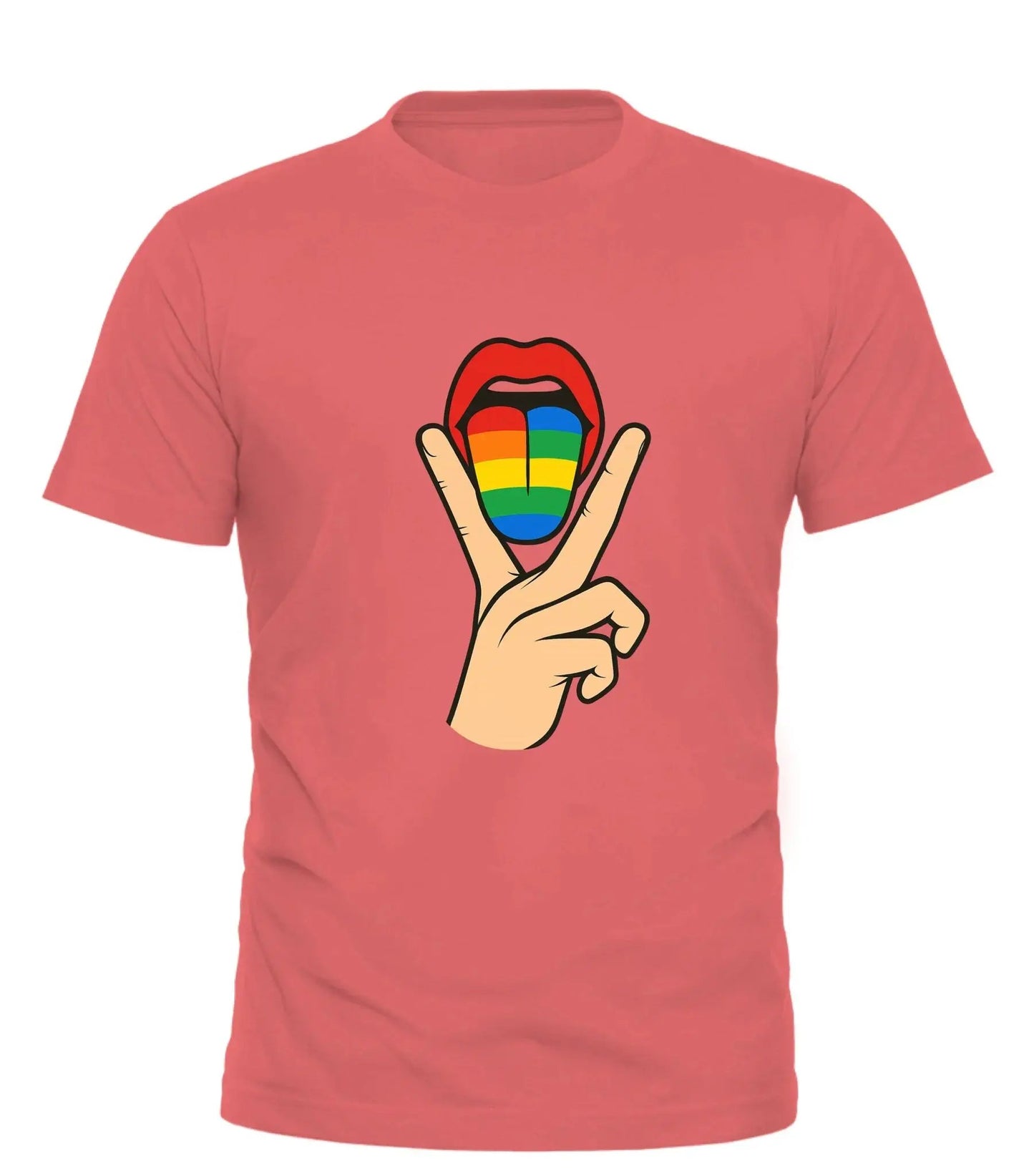 Good Trouble Garments lick it pride tee for adults with rainbow tongue and peace sign graphic on coral shirt