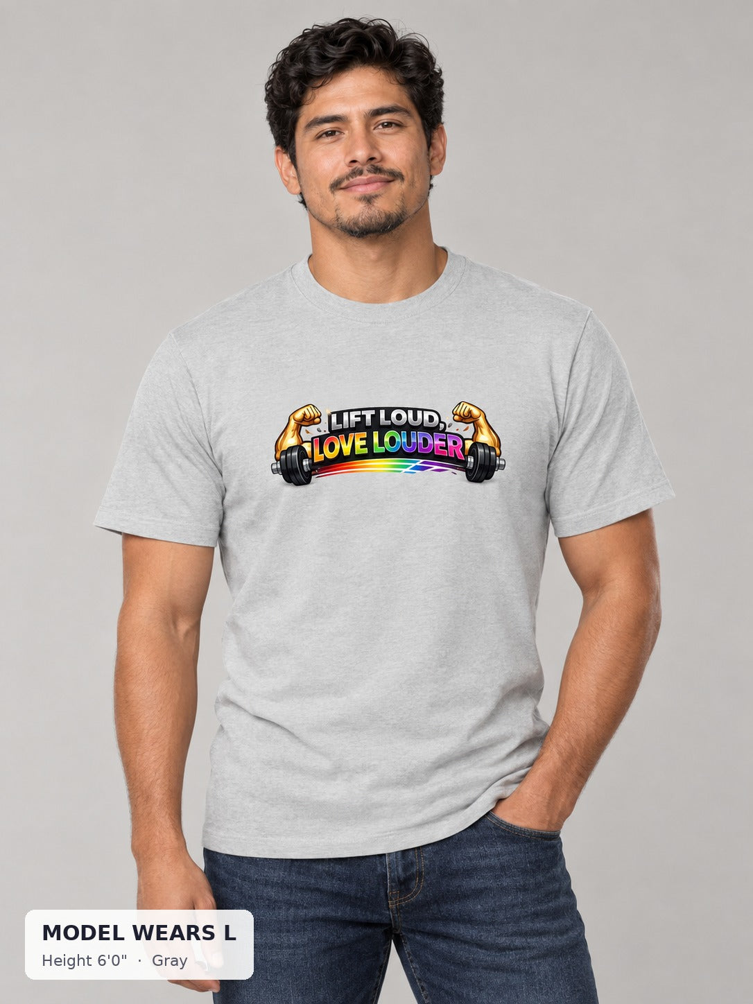 Lift Loud, Love Louder Tee in Gray on an athletic model wearing size L, 6'0" - Good Trouble Fashion