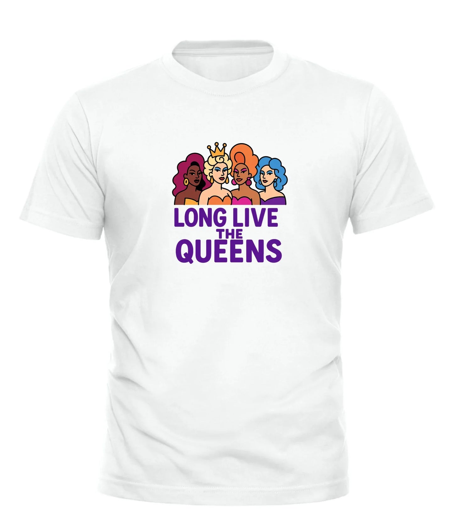 White long live the queens t-shirt with colorful diverse queen characters graphic