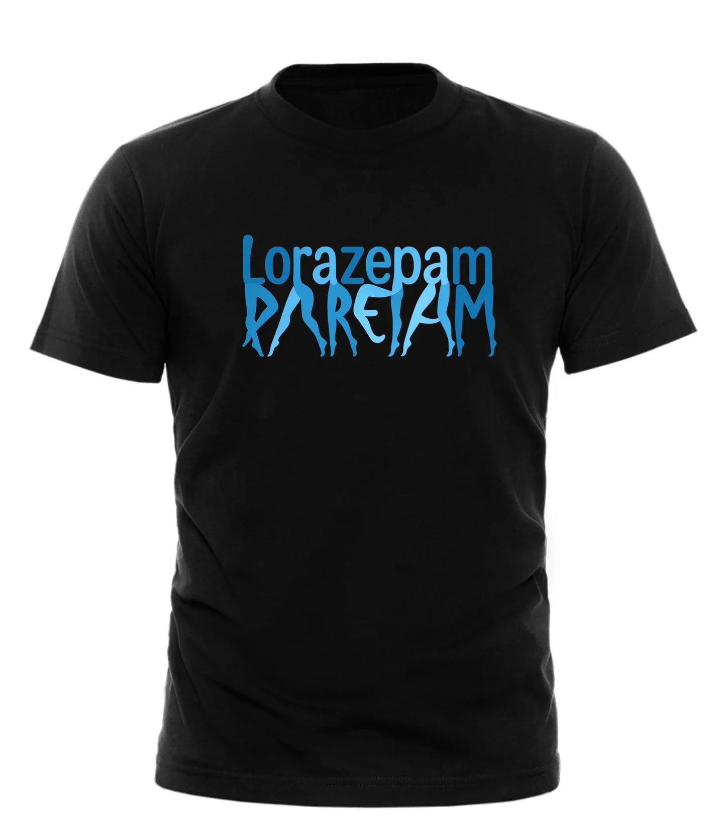 Black lorazepam novelty graphic tee with blue dripping text design by Good Trouble Garments