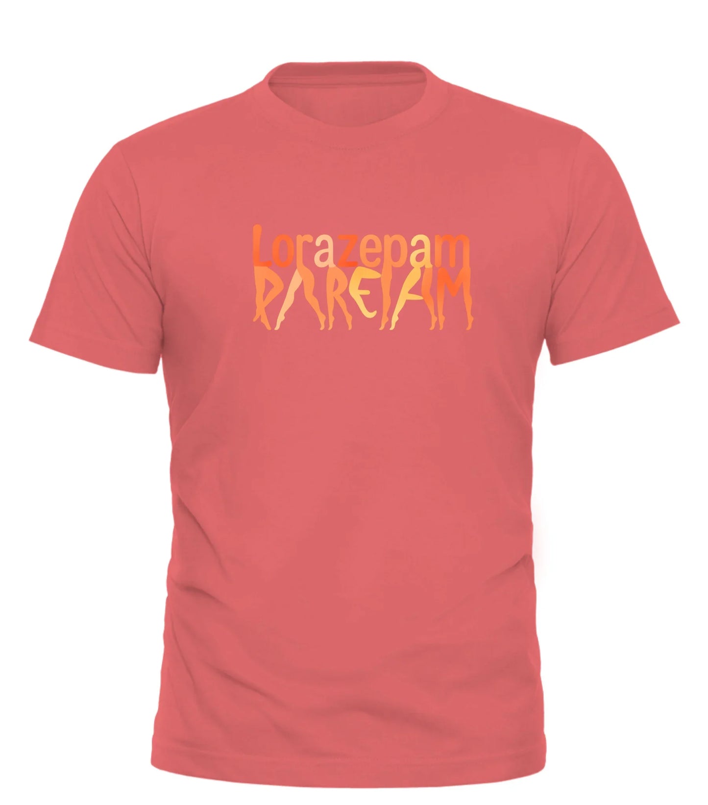 Good Trouble Garments lorazepam novelty graphic tee in coral with bold yellow and orange text design