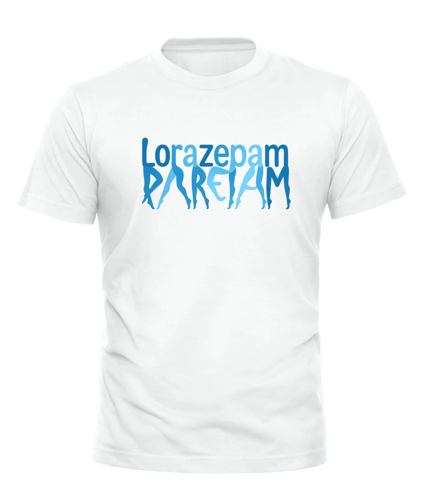 White Good Trouble Garments lorazepam novelty graphic tee with blue playful text design