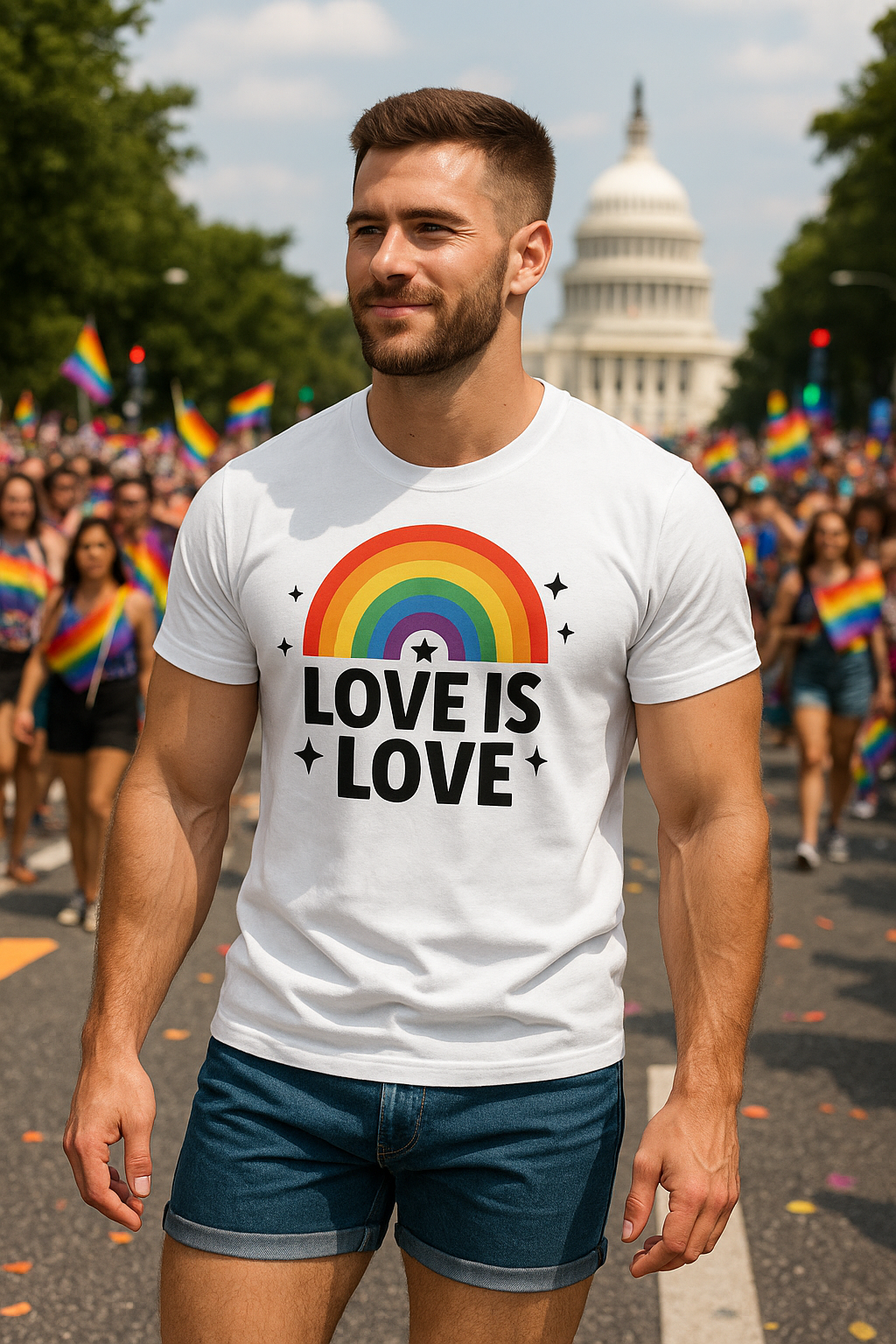 Man wearing Good Trouble Garments love is love pride t-shirt with rainbow graphic at pride parade