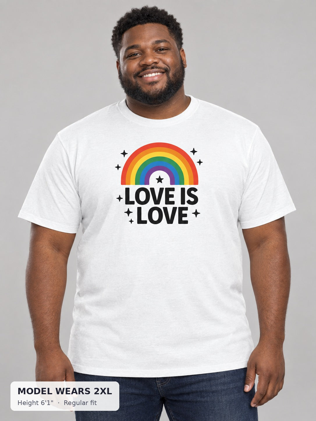 Love Is Love Rainbow Arch Tee in White on a plus-size model wearing size 2XL, 6'1" - Good Trouble Fashion